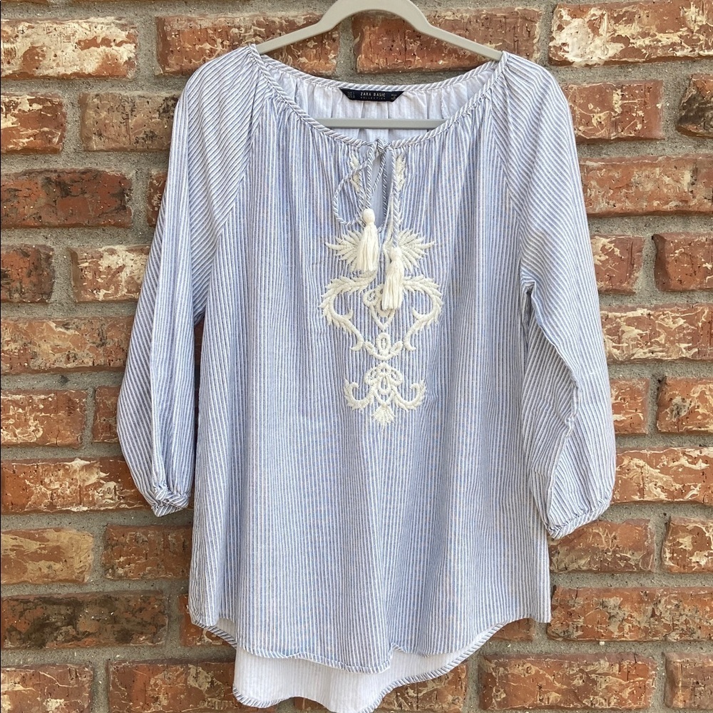 Zara Blue and White Embroidered Blouse